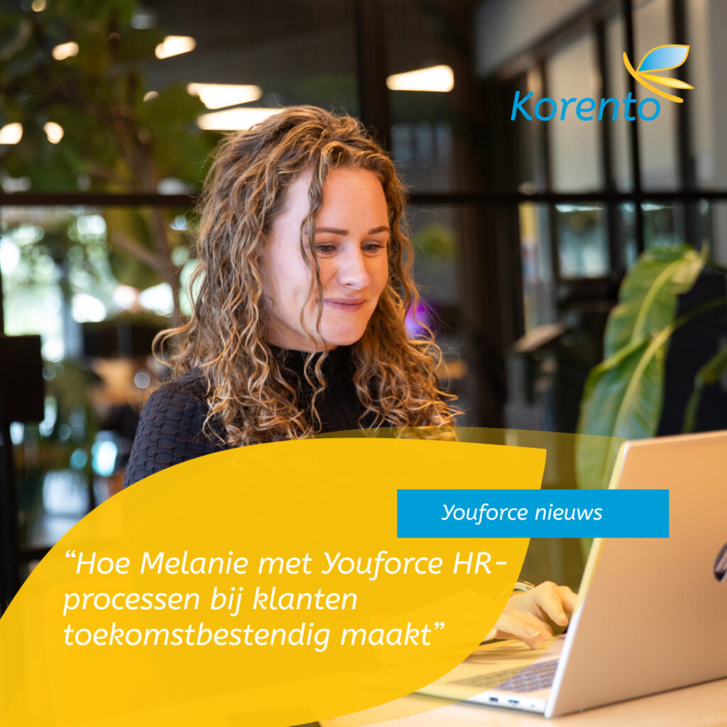 Een afbeelding van Melanie, Youforce-expert, terwijl ze achter haar laptop werkt in Youforce.